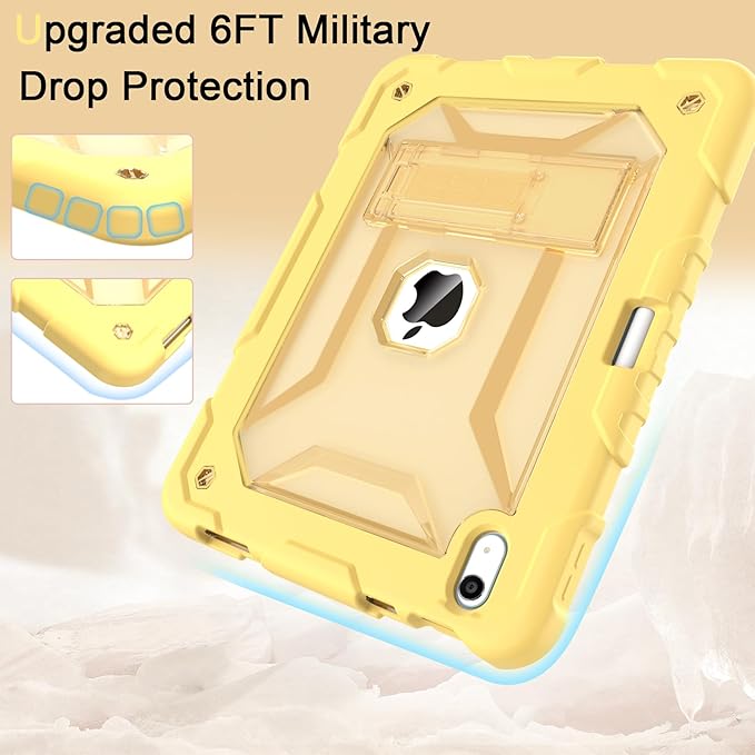 TIMISM Case for iPad (A16) 11th/10th Generation(2025/2022) with Shoulder Strap Kickstand and Pencil Holder Translucent Hard PC Back Cover Heavy Duty Shockproof Rugged Protective Case Yellow