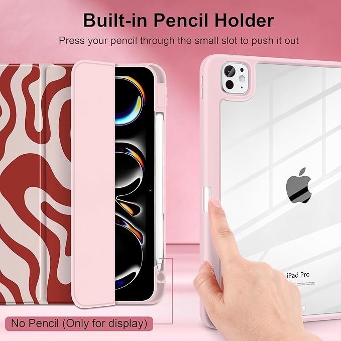 TWOLSKOO Case for iPad Pro 11-inch (M5 2025 / M4 2024) Clear Acrylic Back with TPU Bumper Pencil Holder Trifold Stand Auto Sleep/Wake Red Waves