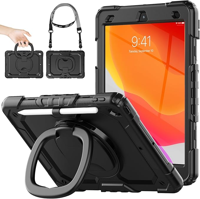SEYMAC stock Shockproof Tablet Case for iPad 9th/8th/7th Generation 10.2 inch Full-Body Drop Protection Case with Pencil Holder &amp [360 Ring Handle Stand] Screen Protector (Black)