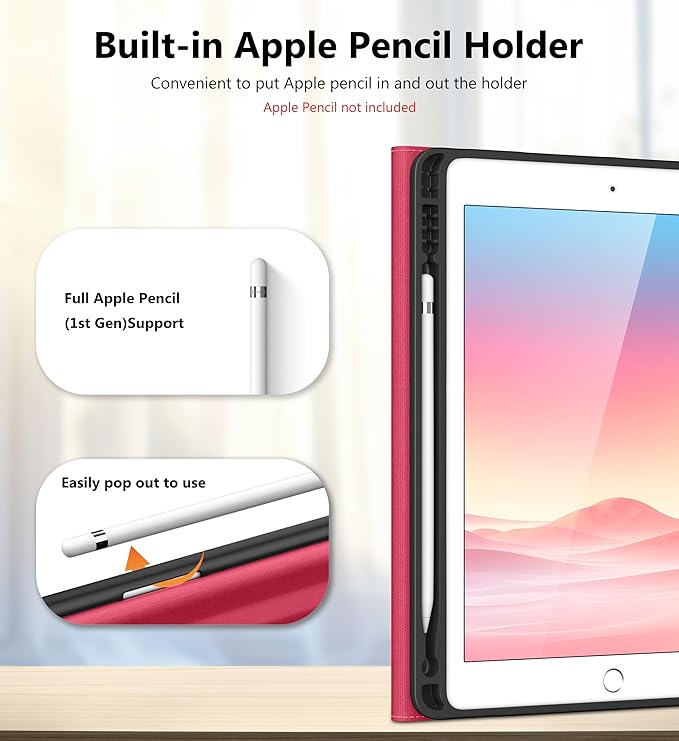 DTTO for iPad 6th / 5th Generation 9.7 Inch (2018/2017) iPad Air 2 / Air 1 Case 360 Degree Rotating Premium Leather Folio Stand Cover with Pencil Holder Watermelon Red
