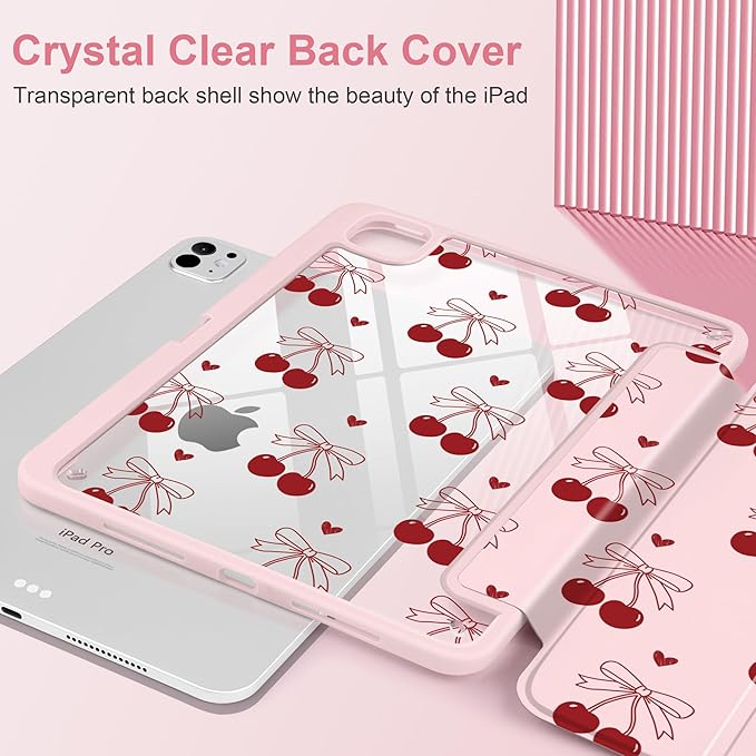 DONGKE for iPad Pro 11-Inch Case (M5 2025 / M4 2024) 6th/5th Generation [Auto Sleep/Wake &amp Pencil Pro Holder] Clear Acrylic Back Smart Trifold Stand Cover Cherry &amp Heart