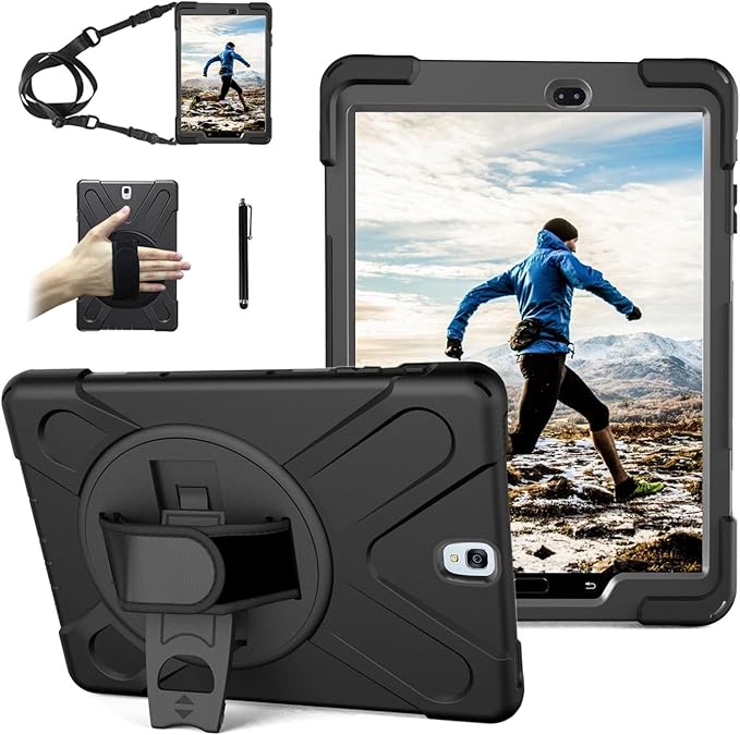 Case for Samsung Galaxy Tab S3 9.7 2017 (SM-T820/T825/T827)Portable Heavy Duty Dropproof Protective Cover Case with 360 Rotating StandHandle &amp Shoulder StrapStylus Pen (New Black)