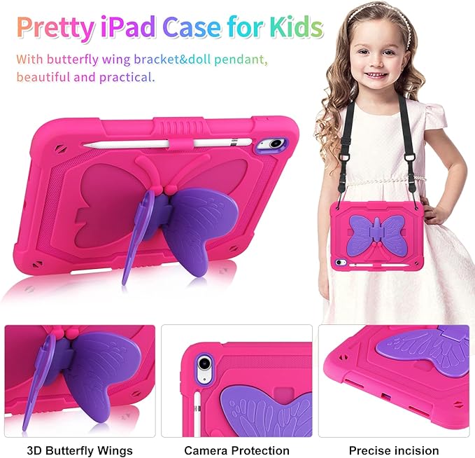 VOFUOE for iPad 10th Generation Case for Kids Girls 2022 10.9 for iPad A16 Case 11th Generation 2025 with Screen Protector Shoulder Strap Butterfly Wings Stand Pencil Holder Rugged Cover-Rose Red