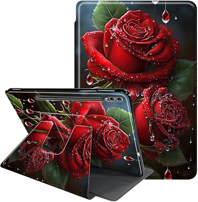 Case for Samsung Galaxy Tab S10 Plus/S9 FE Plus 12.4 with S Pen Holder-360 Rotating Multi-Angle Viewing Protective Cover with Auto Sleep/Wake for S9 Plus-Red Rose