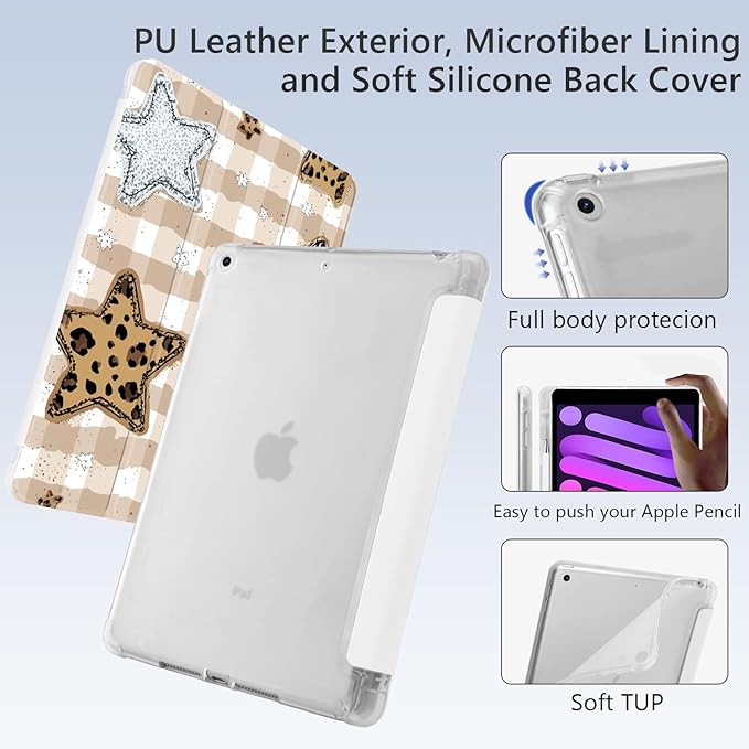 Cute Star Grid Checkered for iPad Air 11 Inch Case 7th/6th Generation (M3/M2) 2025/2024 with Pencil Holder Auto Sleep/Wake Leather Soft TPU Back Cover