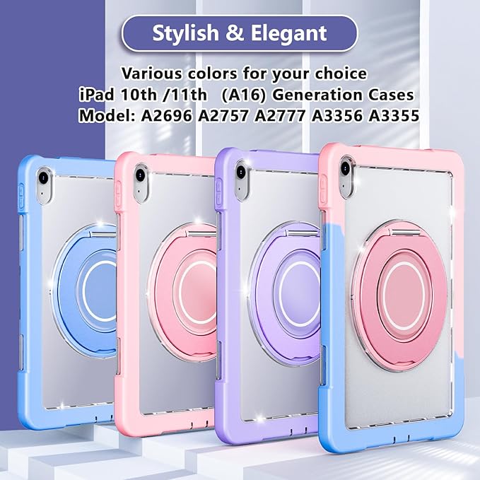 Case for iPad (A16) 11th /10th Generation 11 Inch 2025/10.9 inch 2022with Screen Protector360 Rotating Metal StandClear BackHeavy Duty Shockproof for Kids Case Blue-Pink
