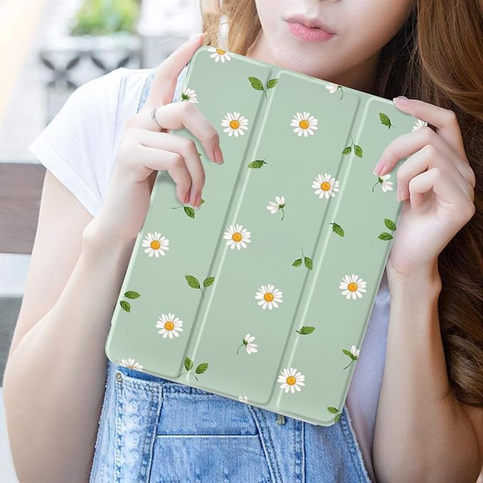 JOYLAND Cute Daisy for iPad 7th/8th/9th Generation Case (2019/2020/2021) 10.2 inchwith Pencil Holder-Premium Shockproof Case with Soft TPU Back Cover &amp Auto Sleep/WakeGreen Shell