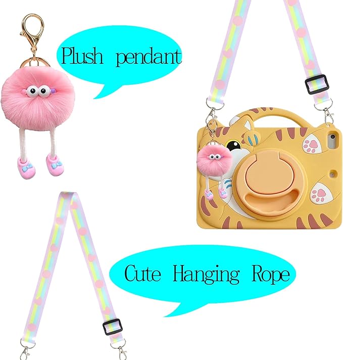3D Cute Vivid Cat Case for iPad 9th/8th/7th 10.2 inch/Air 3rd 2019 /Pro 2017 10.5 inchKawaii Cartoon Character Pretty Cat Soft Silicone Rotating Stand Case with Lanyard for Kids Teens Girls Women