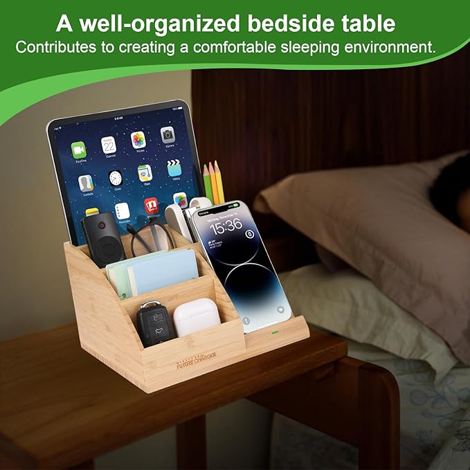 Bamboo Pen Holder for Desk &amp Nightstand Organizer with Fast Wireless Charging for iPhone Samsung &amp More – Office Desk Accessories for Men/Women (Natural)