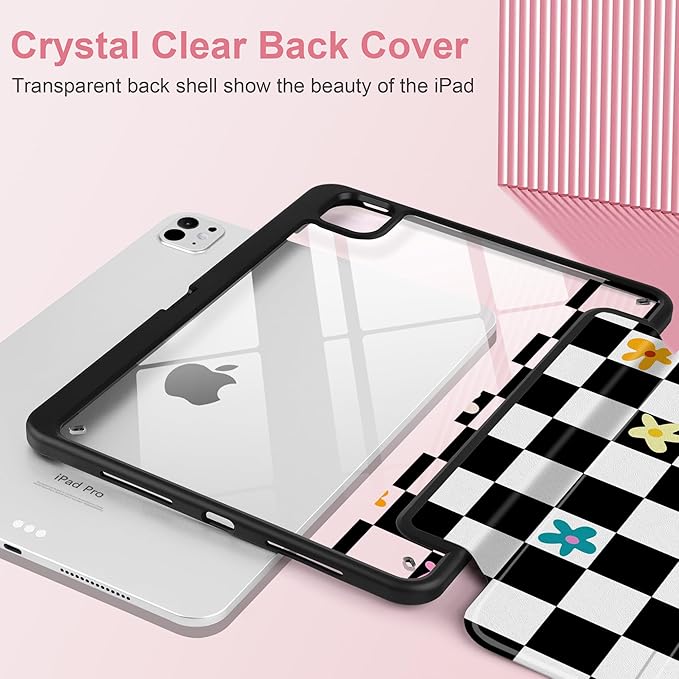 Case for iPad Pro 13 inch (M5) 2025 (M4) 2024 Release Slim Lightweight Cute Black Leather Cover with Clear Back TPU Edge Pencil Holder Trifold Stand Grid
