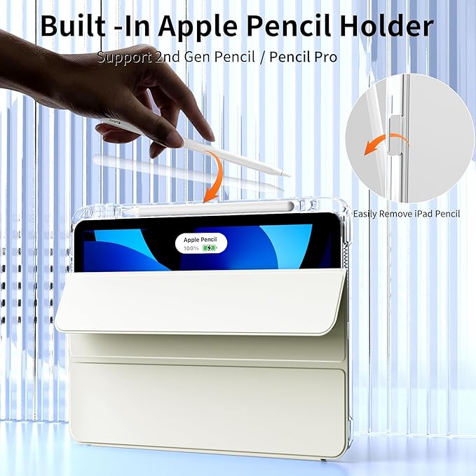 kenke Hybrid Case for iPad Air 11 Inch (M3) 2025 / (M2) 2024 iPad Air 5th/4th Gen 2022/2020 10.9 Inch with Pencil Holder Detachable Cover with Clear Hard Back Shell Auto Sleep/Wake Cream White