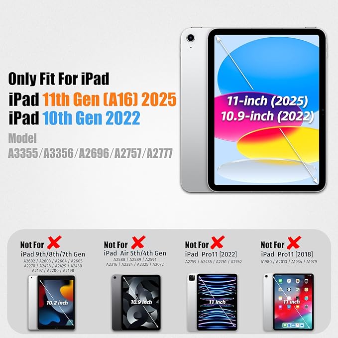 SEYMAC stock Case for iPad A16 11-inch Case 2025/ for iPad 11th/ 10th Generation 10.9'' 2022 Protective with Screen Protector Pen Holder Rotate Stand Loop Nylon Hand Strap Shoulder Strap Clear