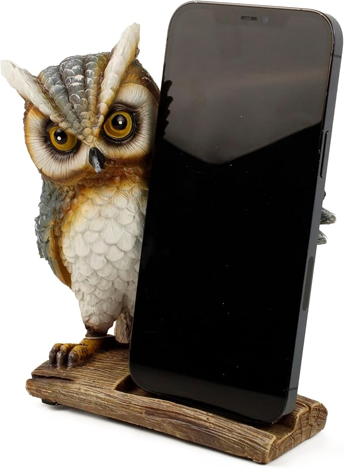 Wise Owl Phone Stand Resin Animal Smartphone Holder Home and Office Accessory Novelty Gifts 5.5 x 6.5 Inches