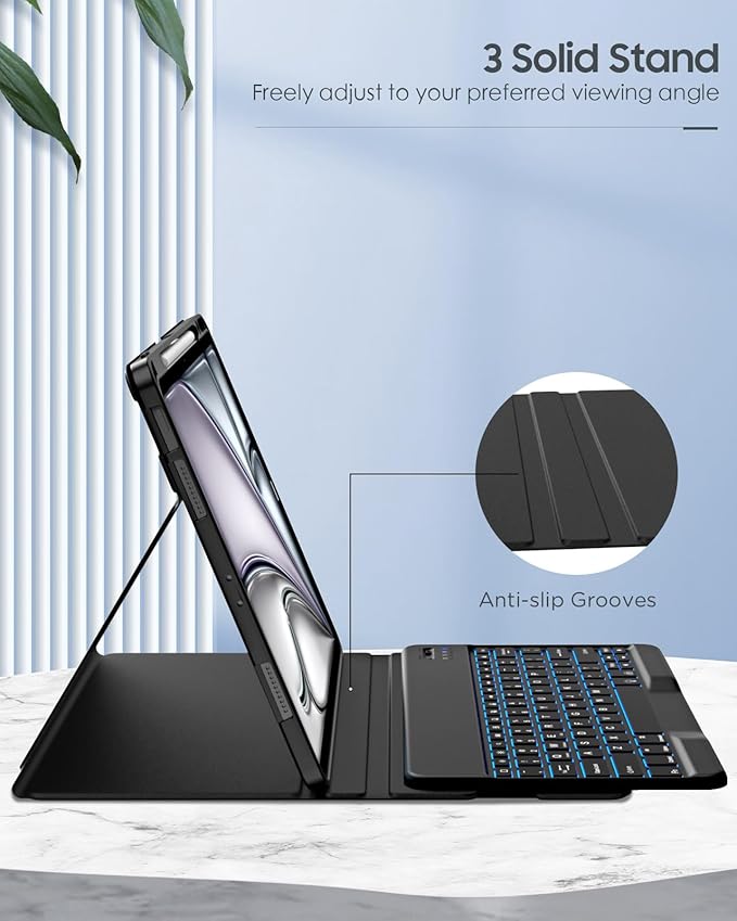 MoKo Keyboard Case for iPad Air 13-inch (2026/2025/2024) &amp iPad Pro 12.9 (2022-2018) 7-Color Backlit Detachable Bluetooth Keyboard with Pencil Holder Multi-Angle Stand Black