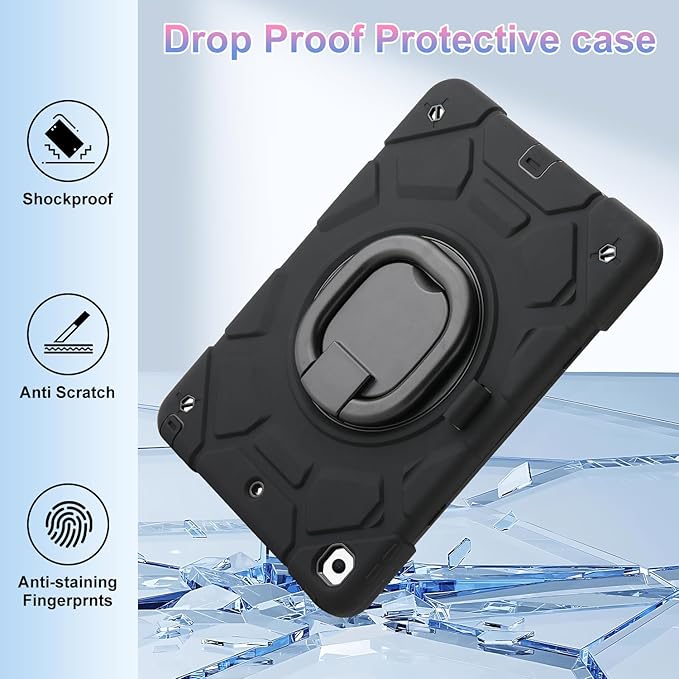 for iPad 9th/8th/7th Generation Case(2021/2020/2019)360°Rotating Handle Stand with[ Pencil Holder&ampShoulder Strap] Heavy Duty Shockproof Kids Cover for iPad 10.2 inch (Black)
