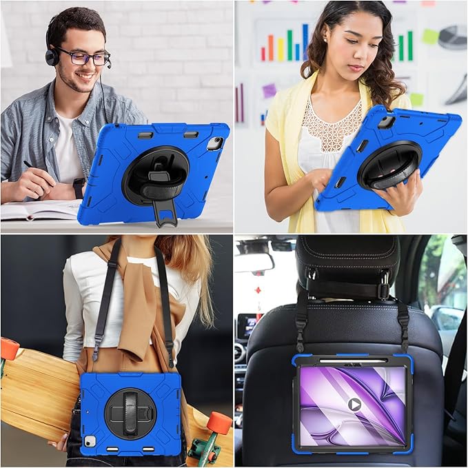 Case for iPad Air 13 Inch M4/M3/M2 (2026/2025/2024): Silicone Shockproof Case with Screen Protector - Stand - Handle - Shoulder Strap - Pen Holder- Blue