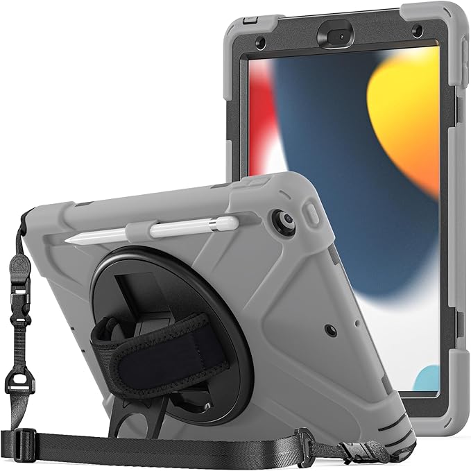 ProCase Rugged Case for iPad 9th/ 8th/ 7th Generation 10.2 (2021/2020/2019) Heavy Duty Shockproof Protective Cover with Strap for iPad 9/8/7 -Grey