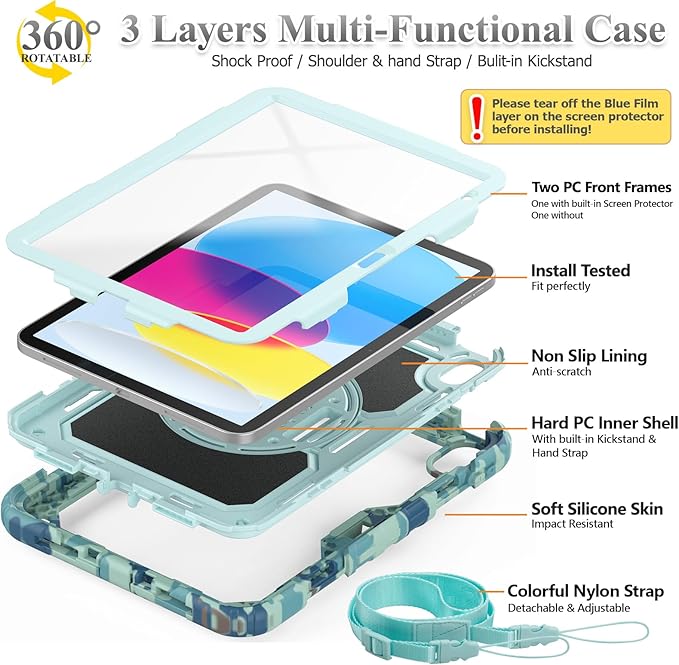 SEYMAC stock Case for iPad (A16) 11th/10th Generation 11''/10.9'' 2025/2022 Full-Body Drop Protection Case with Screen Protector &amp360° Rotate Hand Strap/Stand SkyBlue Camo