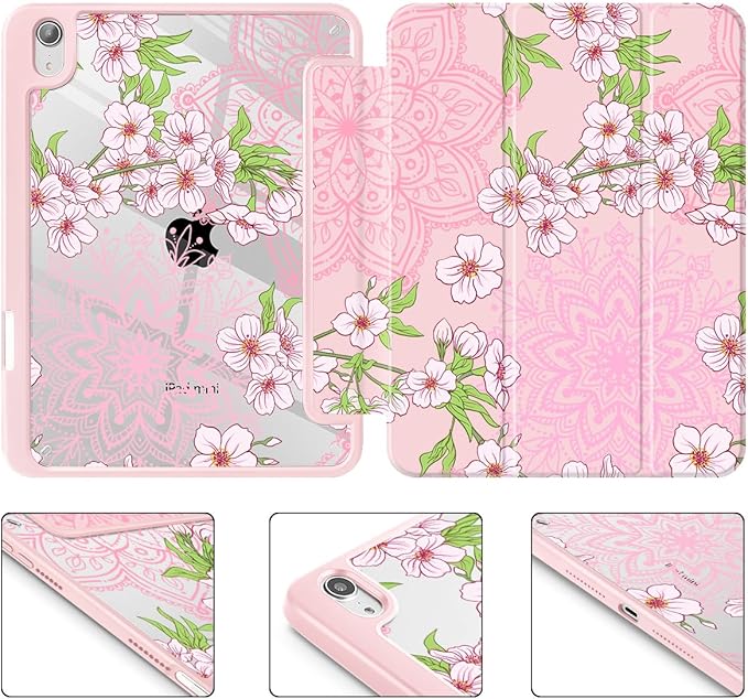 Mektron Printed Case for iPad mini 7 (A17 Pro) 2024/ Mini 6 2021 iPad mini 7th/6th Generation 8.3-inch Liquid Retina Display Cover Buit in Pencil Holder with Clear Back Shell Blossom Sakura-Pink