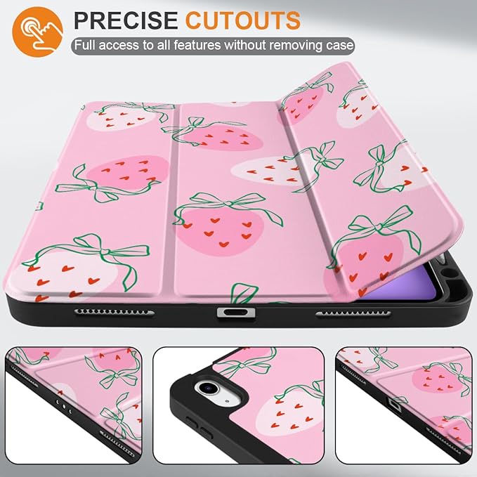 MEEgoodo for M4/M3/M2 iPad Air 11 inch Case 2026 2025 2024Case for iPad Air 5th Generation/iPad Air 4th Gen 10.9 inch 2022 2020 Tablet Cover with Soft TPU Back Shell Strawberry &amp Bow