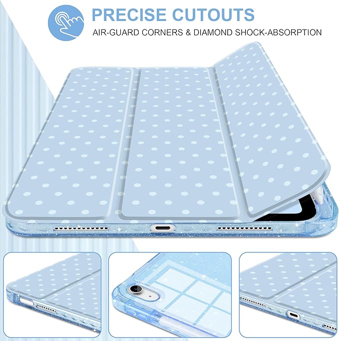 DONGKE for iPad Case 9th/8th/7th Generation 10.2 Inch (2021/2020/2019) Shockproof Glitter Acrylic Back with Trifold Stand Pencil Holder &amp Auto Sleep/Wake - Blue Polka Dot