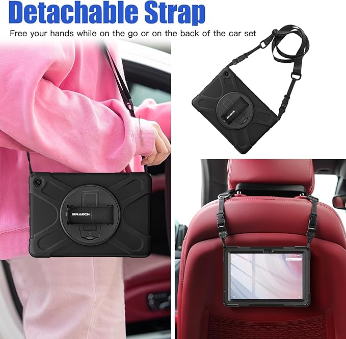 BRAECNstock for Amazon Fire HD 10 Tablet Case (13th Generation 2023) 10.1 Shockproof Protective Kids Case with Screen Protector [Rotating Hand Strap+Stand] Pen HolderShoulder Strap Black