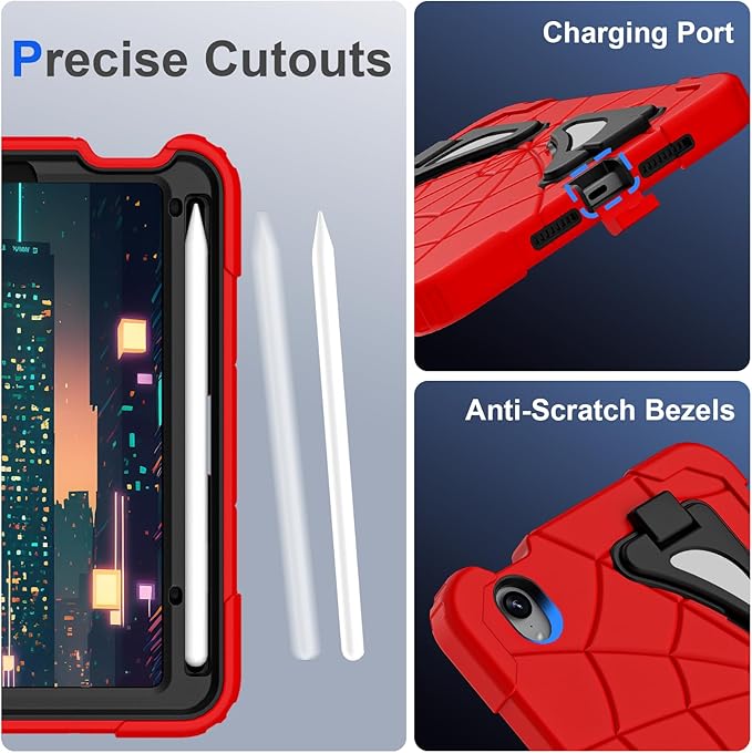 Kids Case for iPad mini 7 A17 Pro 2024/ Mini 6 8.3 inch Spider Case for iPad mini 7th 6th Generation Shockproof Durable Full Protective Cover with Pencil Holder Kickstand (Red+Black)