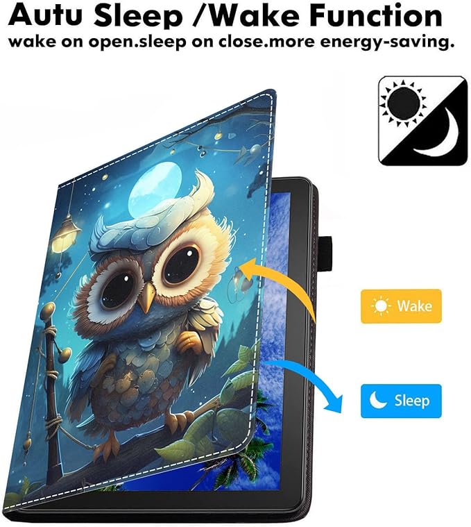 Case for Amazon Kindle Fire 7 Tablet (7 9th/7th Generation 2019/2017 Release) Slim PU Leather Cover with Card Slot &amp Auto Wake/Sleep Owl