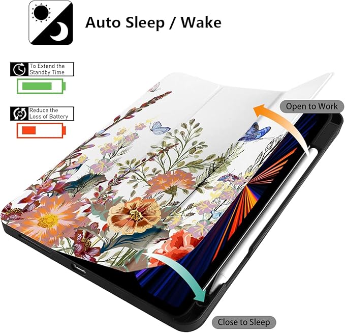 DONGKE Case for iPad Pro 11 inch (4th 3rd 2nd &amp 1st Gen) 2022 2021 2020 2018 Trifold Stand + Pencil Holder + Auto Wake/Sleep + Soft TPU Protective Stand Back Cover Floral