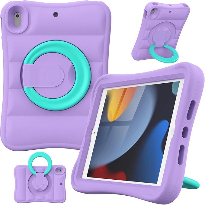 MRWHO Kids Case for iPad 9th 8th 7th Generation 10.2 inch – Lightweight Flexible Shockproof Rotating Stand Handle Rugged Cover for iPad 9 8 7 Gen Girls Boys Purple