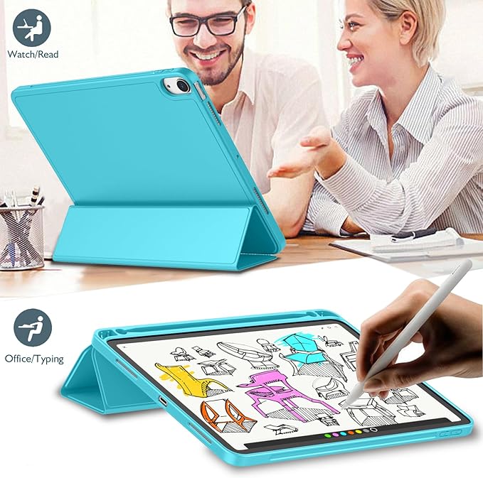 iMieet iPad Air 11 Inch Case M4/M3/M2(2026/2025/2024) iPad Air 5th/4th Generation Case 2022/2020 10.9 Inch with Pencil HolderTrifold Stand Smart Case with Soft TPU Back(New Cyan)