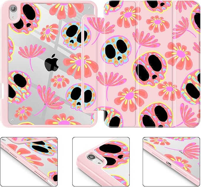 Mektron Printed Case for iPad mini 7 (A17 Pro) 2024/ Mini 6 2021 iPad mini 7th/6th Generation 8.3-inch Liquid Retina Display Cover Buit in Pencil Holder with Clear Back Shell Skull &amp Flowers Pi
