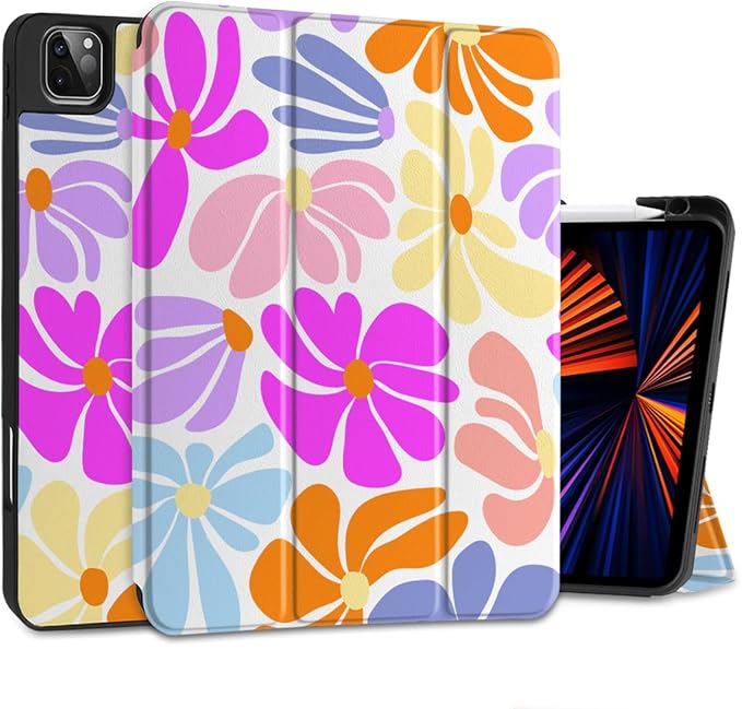 DONGKE Case for 2022/2021/2020/2018 iPad Pro 11 inch Gen 4/3/2/1 - Slim Protective Case - Built in Pencil Holder Support Charging - Trifold Stand &amp Sleep/Wake Cover - Retro Flowers