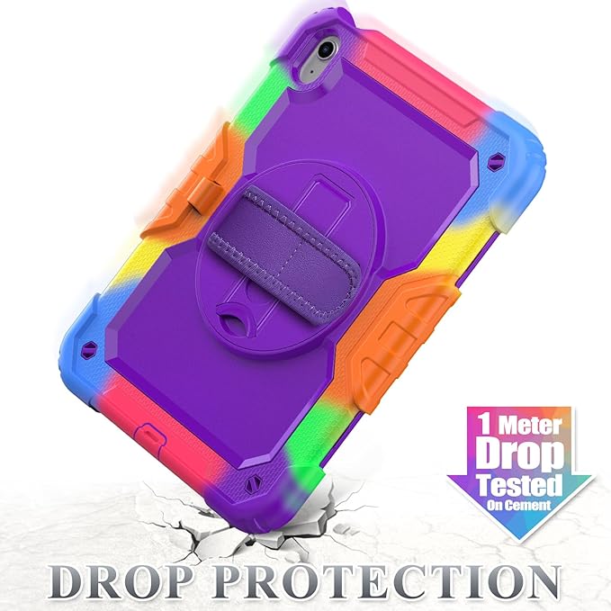 SEYMAC stock Case for iPad (A16) 11th/10th Generation 11''/10.9'' 2025/2022 Full-Body Drop Protection Case with Screen Protector &amp360° Rotate Hand Strap/Stand Purple+Colorful