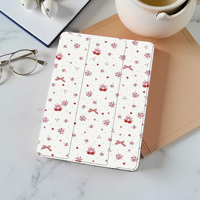 Idocolors Cute Kawaii Floral Bow Cherry Pad Case for 13 Inch iPad Air(2024) Clear TPU Smart Stand Back Cover with Pencil Holder Auto Wake/Sleep Foldable Shockproof Protective Case for Women Girls