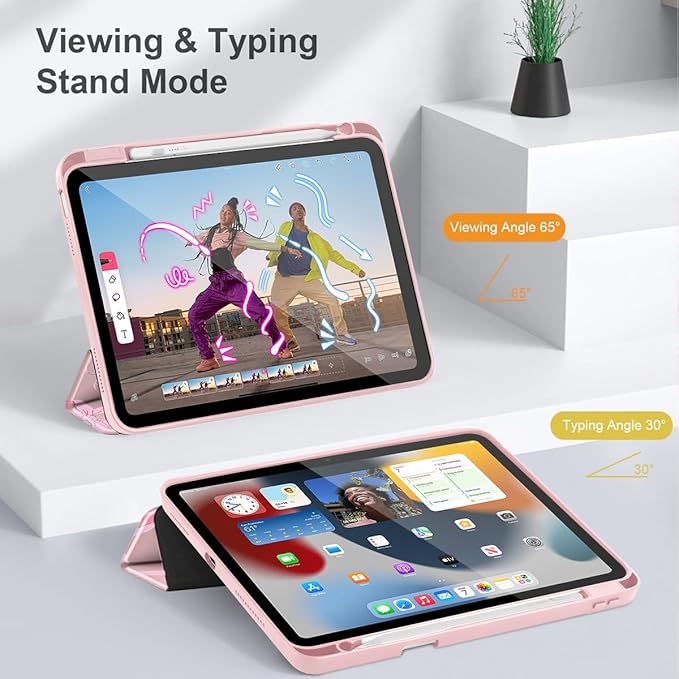 May Chen for iPad Air 11-inch M4/M3/M2 (2026/2025/2024) iPad Air 5th/4th 10.9 Inch - Shockproof Cover with Clear Back Shell &amp Penceil Holder Auto Wake/Sleep Stand Cover Bows Pink