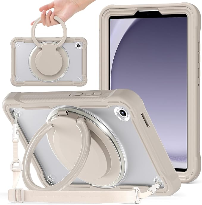 Miimall Case for Galaxy Tab A11 8.7 Inch 2025 with 360 Rotating Stand Bulit-in Shoulder Strap Shockproof Rugged Kids Friendly Shell Stylus Holder Cover for Samsung Galaxy A11 Tablet Khaki Clear