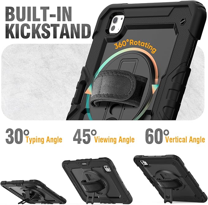 HXCASEAC for iPad Pro 11 Inch Case (M5/M4) 2025/2024 Shockproof Design with Pencil Holder Protector Rotating Stand Hand Strap Heavy Duty Protective iPad Pro11 6th/5th Generation Cover Black