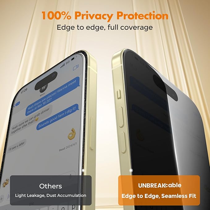 UNBREAKcable Privacy Screen Protector for iPhone 15 Full Coverage Shatterproof Tempered Glass [True 28°Anti Spy] [9H Hardness] [Easy Installation Frame] 2-Pack Private Screen for iPhone 15