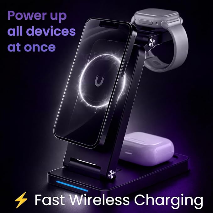 Magnetic Wireless Charger Stand 3-in-1 Foldable Wireless Charging Station with 20W Adapter Travel Charging Stand for Phone Earbuds &amp Watch Compact Multi-Device Charger