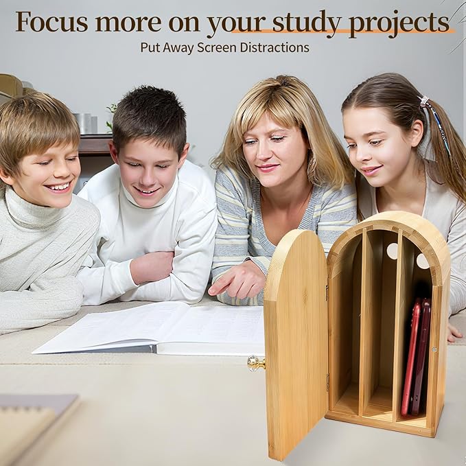 Phone Box for Family Time Bamboo Cell Phone Jail 3 Sections Hold 6 PhonesPhone Holder with Charging HolesHelps Kids &amp Adults Regain Focus Reduce Distractions
