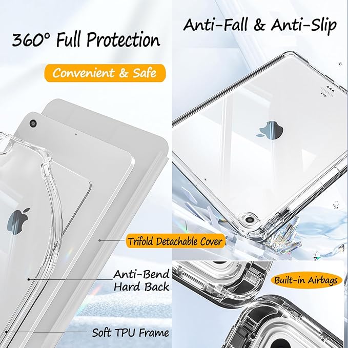 Slim Leather Case for iPad 9th/8th/7th Generation 2021/2020/2019(10.2 inch) Case with Pencil Holder Slide Detachable Magnetic Trifold Stand Shockproof Protective Cute Clear Back Cover (Grey)