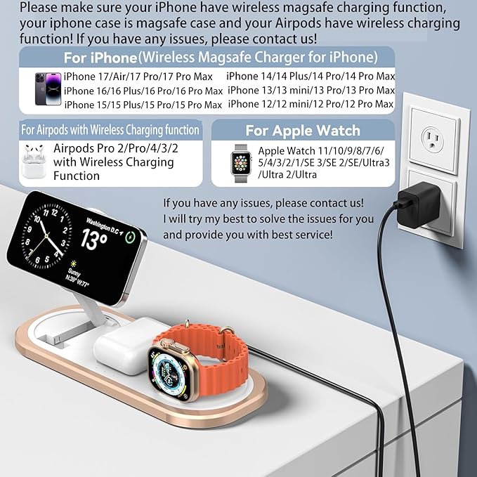 3 in 1 Fast Wireless Charger Stand for iPhone Foldable Travel Charging Station for Magsafe for iPhone 17/Air/16/15/14/13/12 Series Apple Watch Series AirPods pro/2/3/4 Gifts for Women Men (Golden)