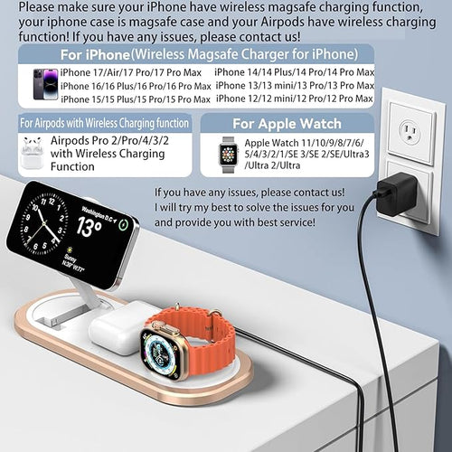 3 in 1 Fast Wireless Charger Stand for iPhone Foldable Travel Charging Station for Magsafe for iPhone 17/Air/16/15/14/13/12 Series Apple Watch Series AirPods pro/2/3/4 Gifts for Women Men (Golden)