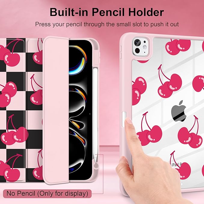 DONGKE for iPad Pro 11-Inch Case (M5 2025 / M4 2024) 6th/5th Generation [Auto Sleep/Wake &amp Pencil Pro Holder] Clear Acrylic Back Smart Trifold Stand Cover Cherry Checkers