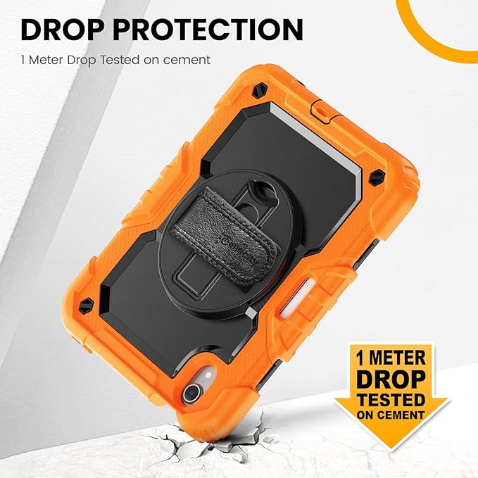 Timecity Case for iPad mini 7th/6th Generation 2024/2021 8.3 inch Full-Body Protective for iPad mini 7/ Mini 6 Case with Screen Protector Pencil Holder Swivel Stand Hand/Shoulder Strap- Orange