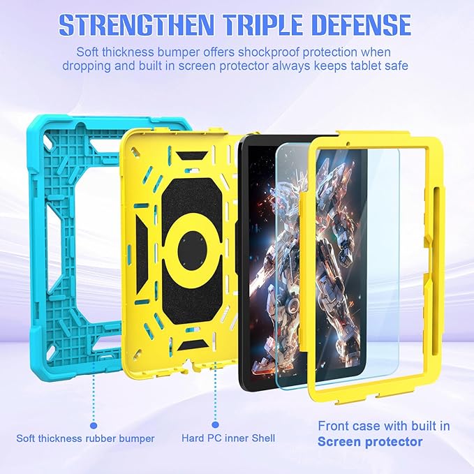 KCJ for iPad Air 11 Inch Case M3 2025 7th Generation &amp M2 2024 6th Generation with Tempered Glass Screen ProtectorRugged Protective Case with Folding Stand/Pencil Holder/Shoulder Strap(Blue+Yell