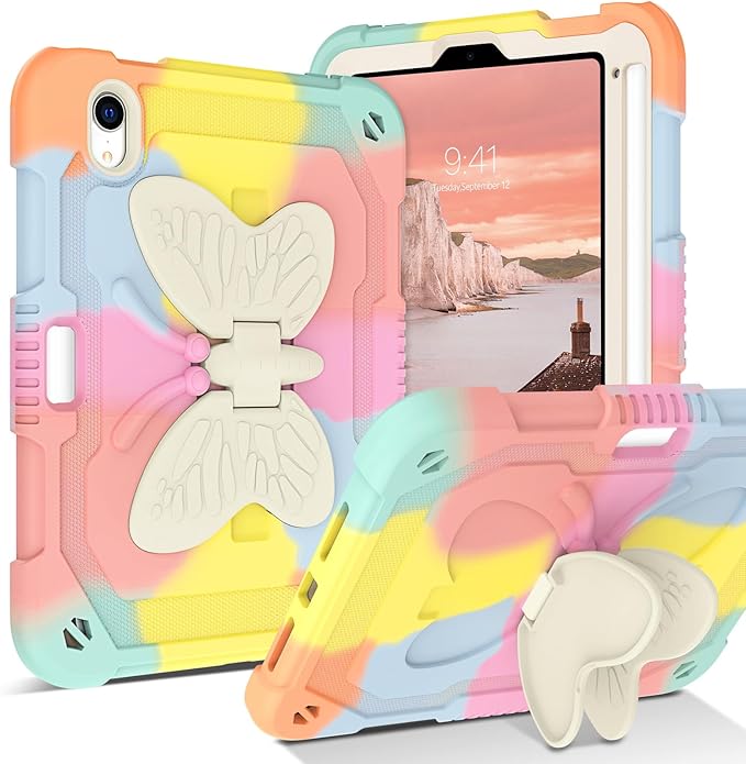 DUEDUE Case for iPad mini 7 (A17 Pro) 2024iPad mini 6 Case 2021 Butterfly Wings Kickstand with Pencil Holder Shockproof Protective Tablet Case for iPad mini 7th/6th Gen Kids Rainbow Pink