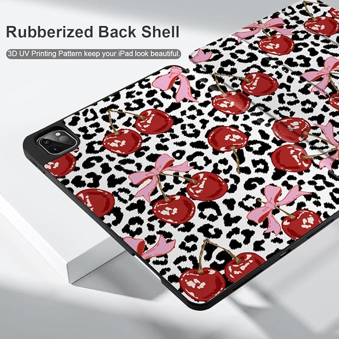 MEEgoodo for iPad Pro 12.9 Case M2 6th/5th/4th/3rd Generation 2022 2021 2020 2018 with Pencil Holder Tablet Cover with Soft TPU Back Shell Leopard &amp Cherry