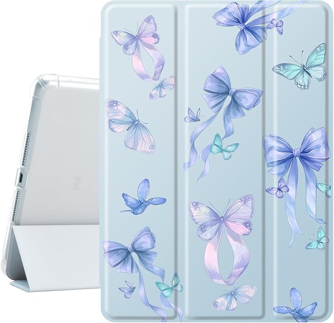 Idocolors Cute Butterfly Bow Pad Case for 10.9 Inch iPad Air 4 2020/iPad Air 5 2022 Clear TPU Smart Stand Back Cover with Pencil Holder Auto Wake/Sleep Foldable Shockproof Protective Case